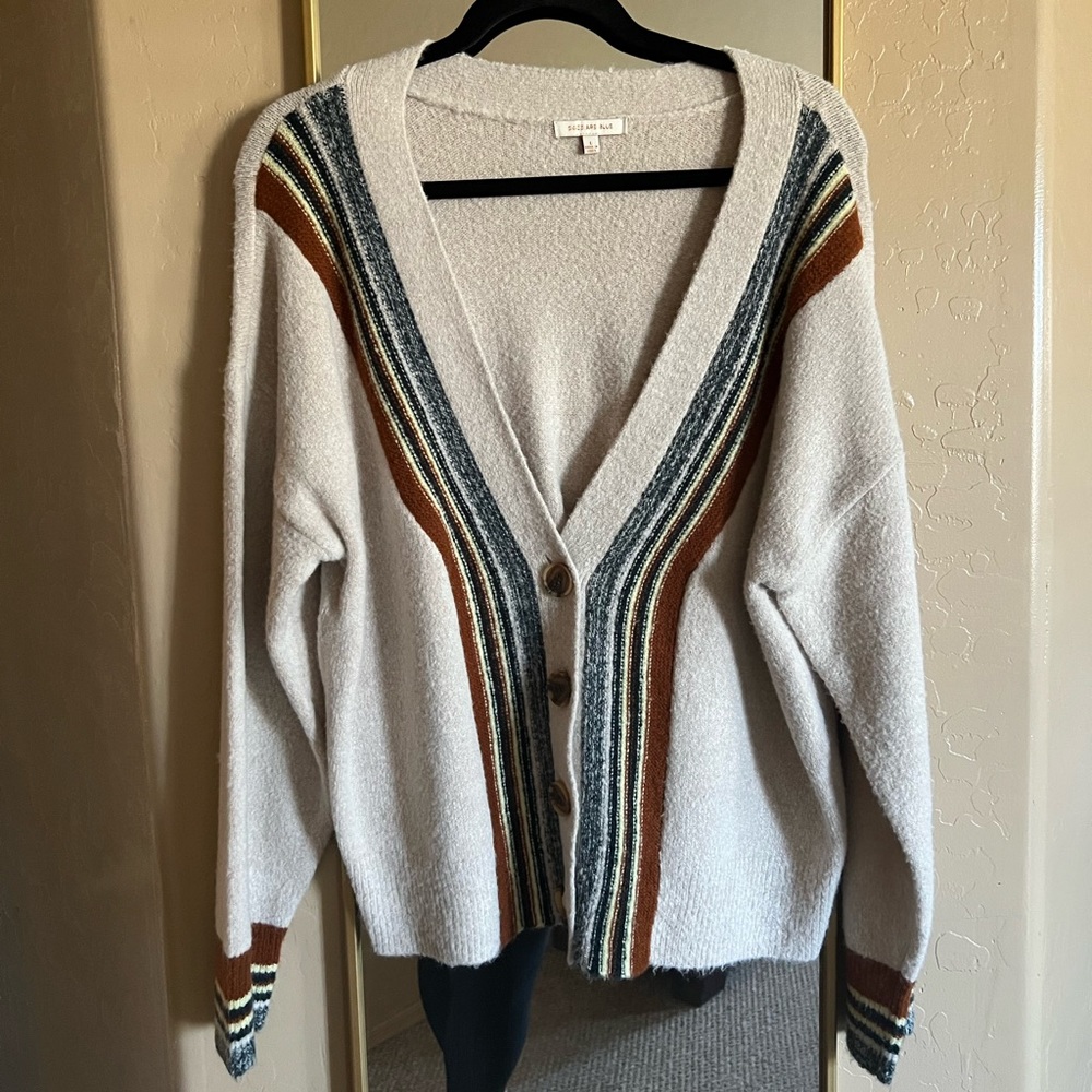 Skies are Blue Tan Green Brown Striped Preppy Collegiate Cardigan Size L